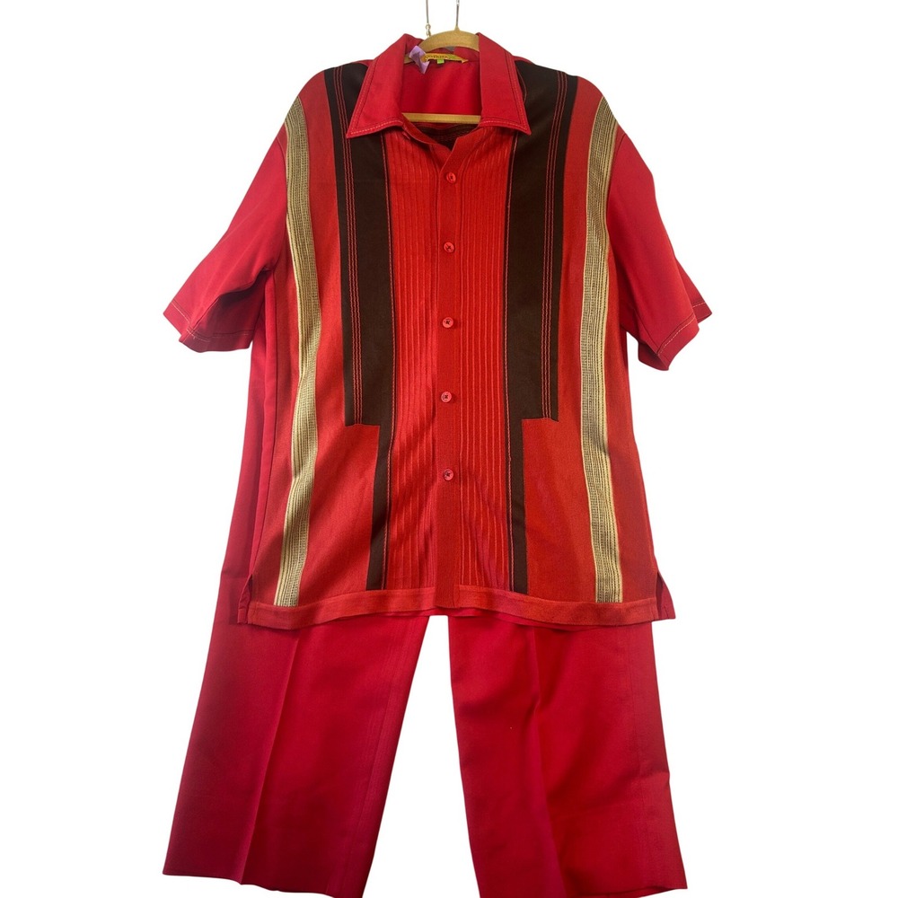 Silver Silk Mens Walking Suit Red Striped Knit Shirt Pleated Pants Set L 36